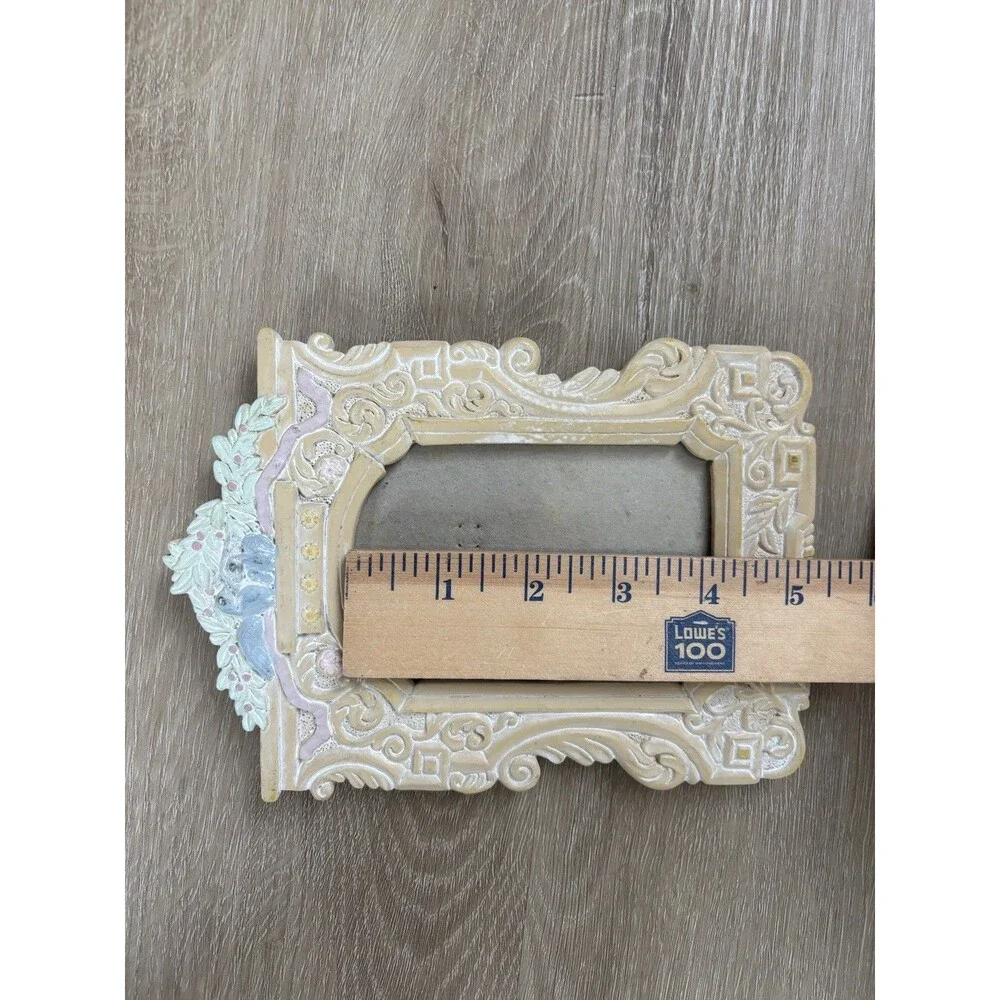 Vintage Love Birds Resin Picture Frame Pastel Rococo Floral Bow 3x4 Tabletop